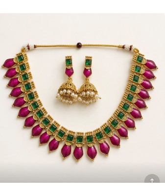 Traditional Palakka Necklace & Earrings Set-pink