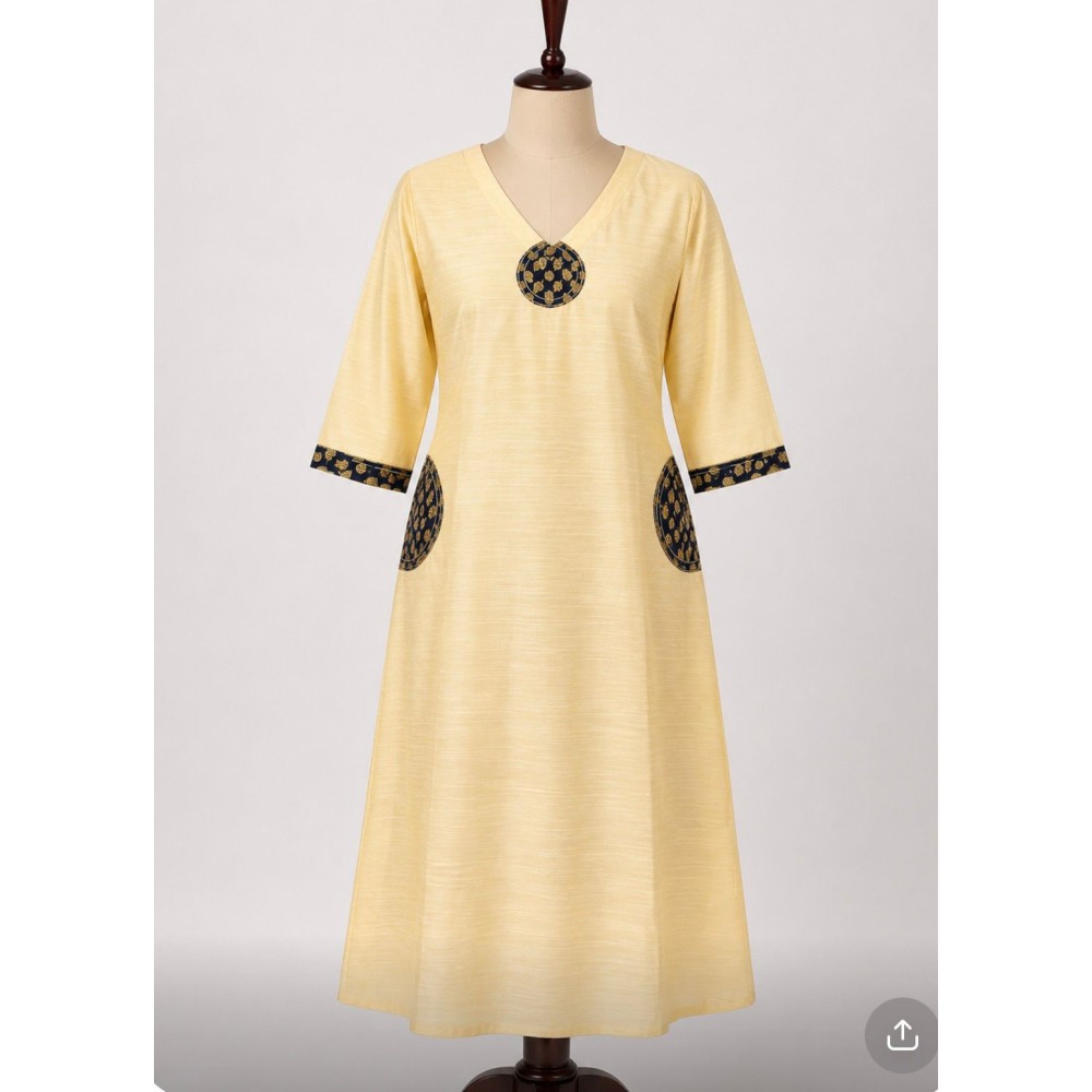 Raw Cotton A-Line Kurti with Appliqué Work Cream