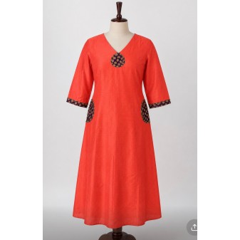 Raw Cotton A-Line Kurti with Appliqué Work Red