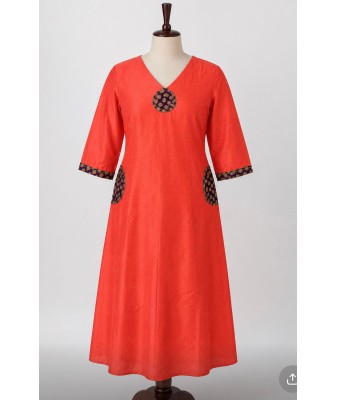 Raw Cotton A-Line Kurti with Appliqué Work Red