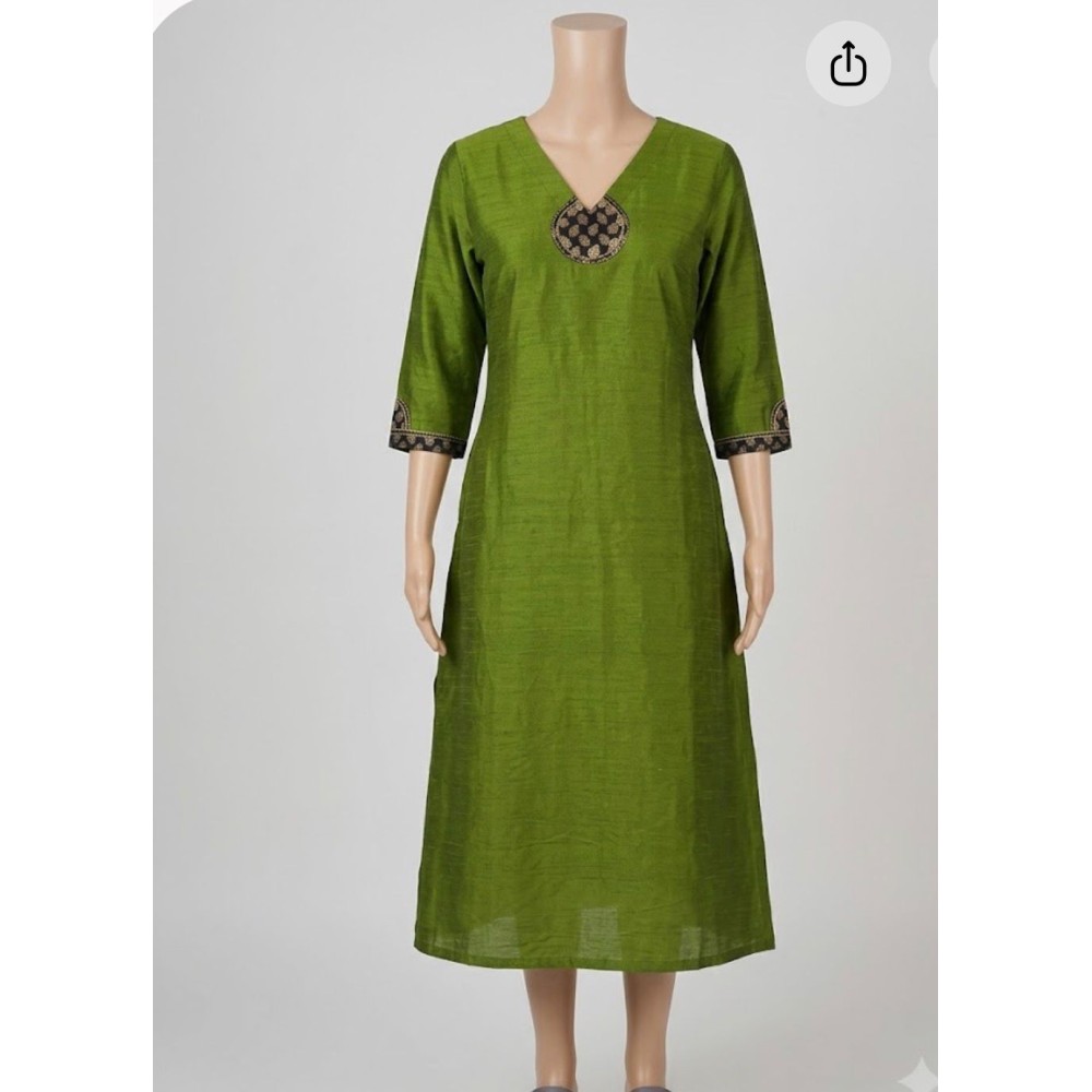 Raw Cotton A-Line Kurti with Appliqué Work Green