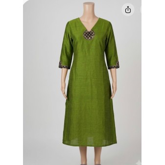 Raw Cotton A-Line Kurti with Appliqué Work Green
