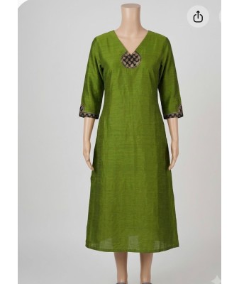 Raw Cotton A-Line Kurti with Appliqué Work Green