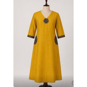 Raw Cotton A-Line Kurti with Appliqué Work Yellow