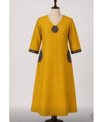 Raw Cotton A-Line Kurti with Appliqué Work Yellow
