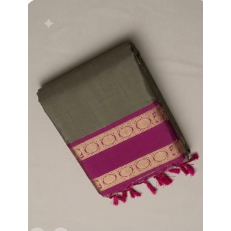 Kanchipuram Soft Silk Saree with Contrast Border & Body Buttas cement grey with pink