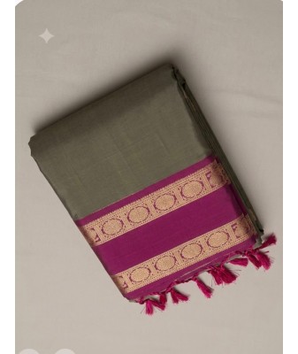 Kanchipuram Soft Silk Saree with Contrast Border & Body Buttas cement grey with pink