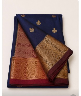 Soft Silk Saree with Contrast Border Navy Blue