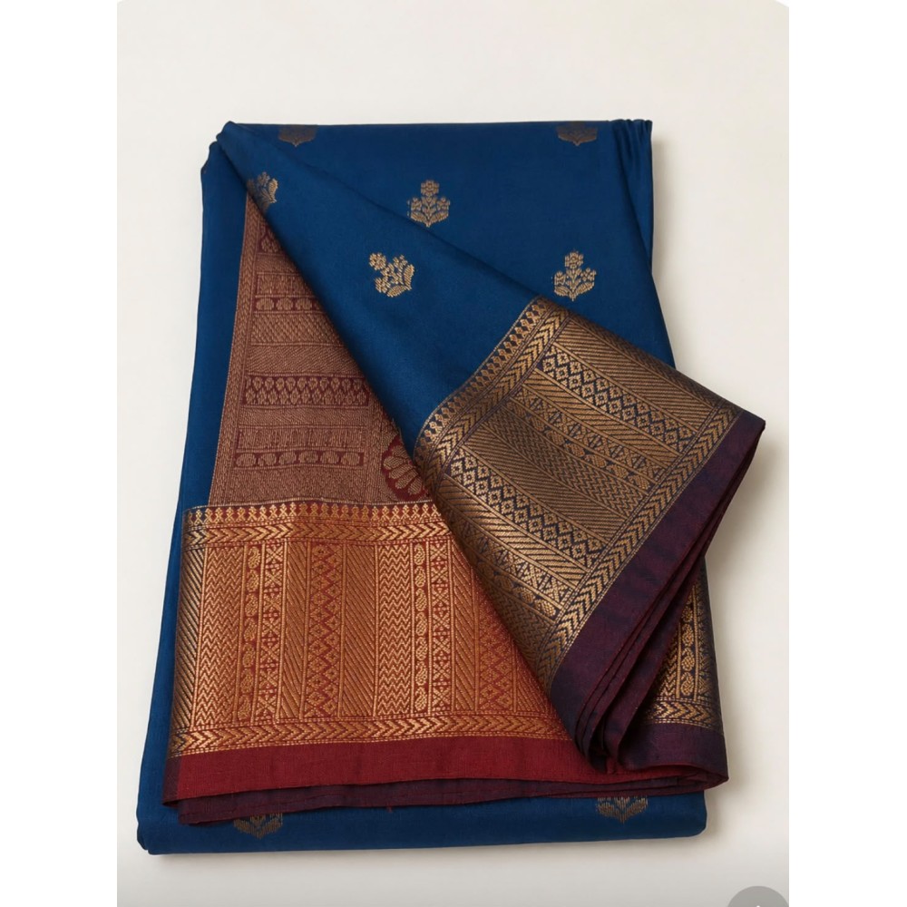 Soft Silk Saree with Contrast Border -teal blue