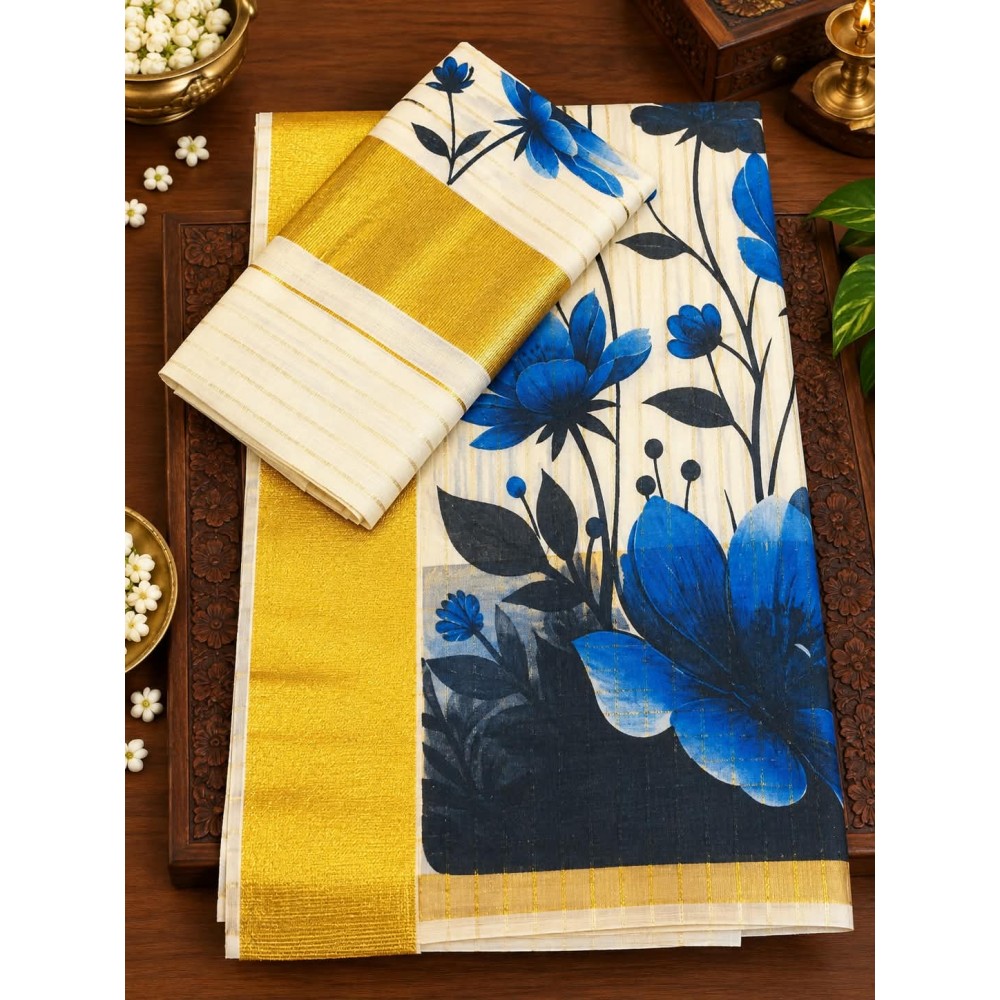 Kerala Traditional Floral Desin Set Mund-blue