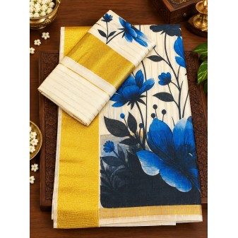 Kerala Traditional Floral Desin Set Mund-blue