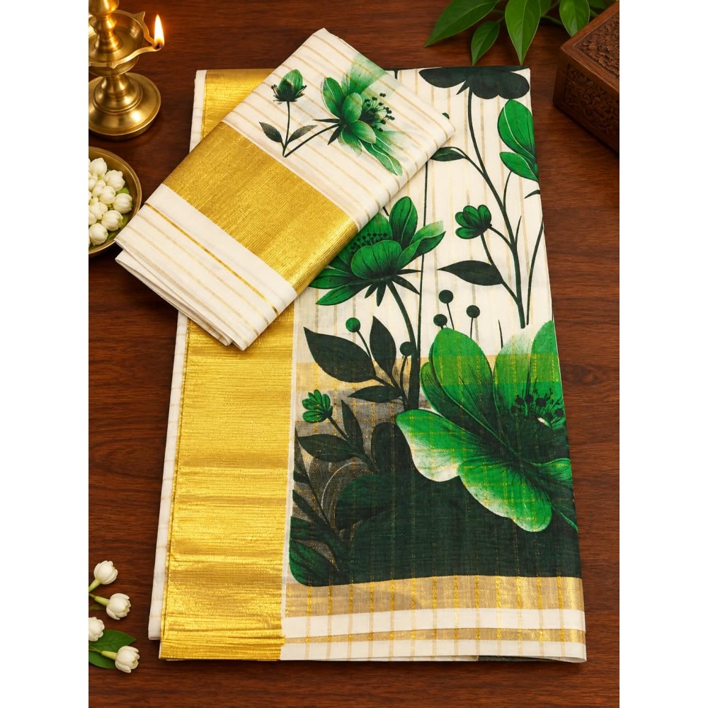 Kerala Traditional  Floral Desin Set Mund-dark green