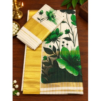 Kerala Traditional  Floral Desin Set Mund-dark green