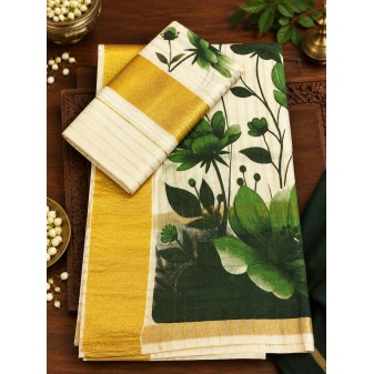Kerala Traditional  Floral Desin Set Mund-green