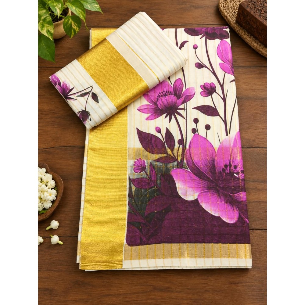Kerala Traditional Floral Desin Set Mund-pink