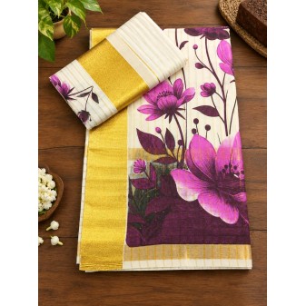 Kerala Traditional Floral Desin Set Mund-pink