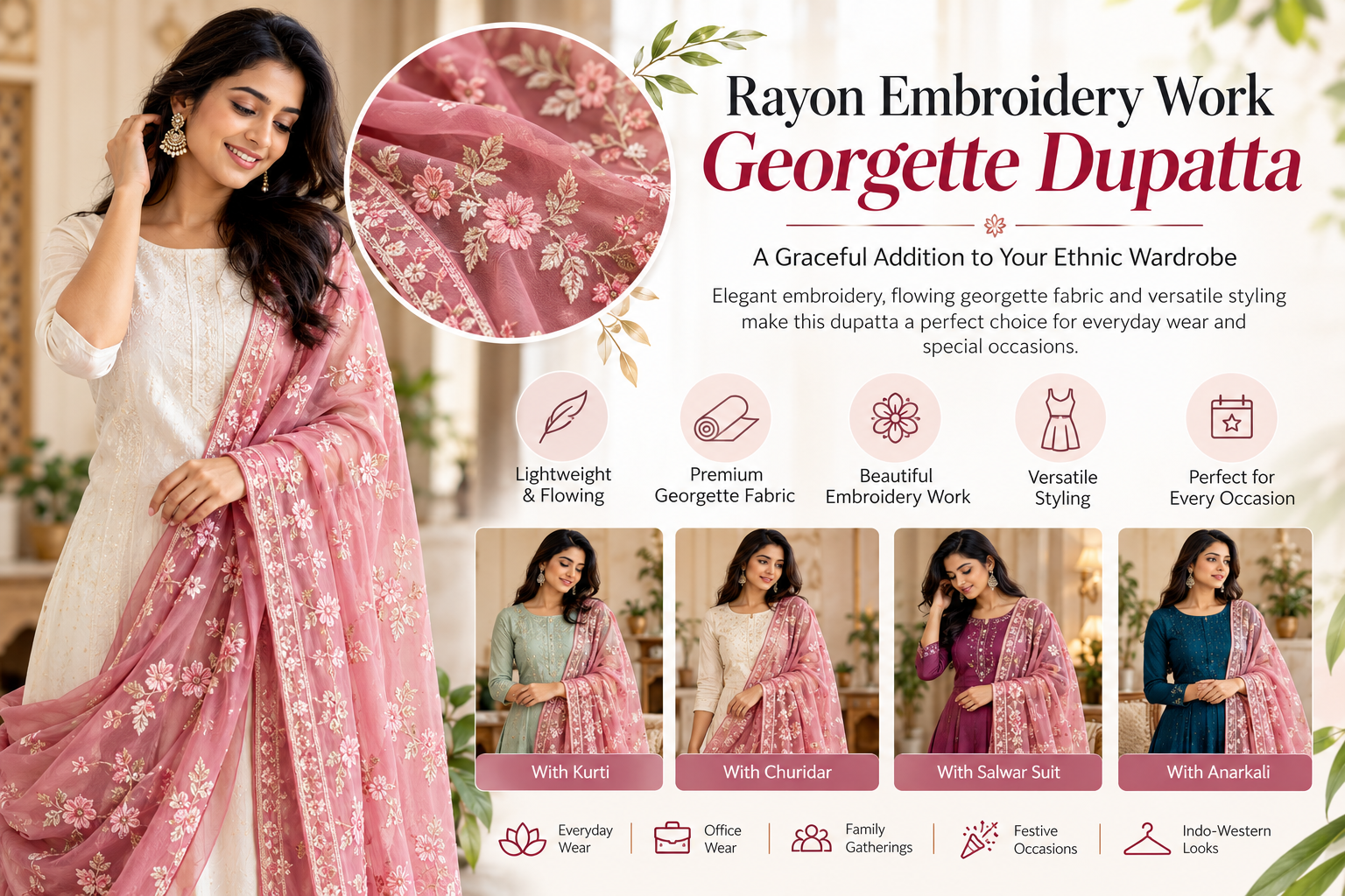 Rayon Embroidery Work Georgette Dupatta: A Graceful Addition to Your Ethnic Wardrobe